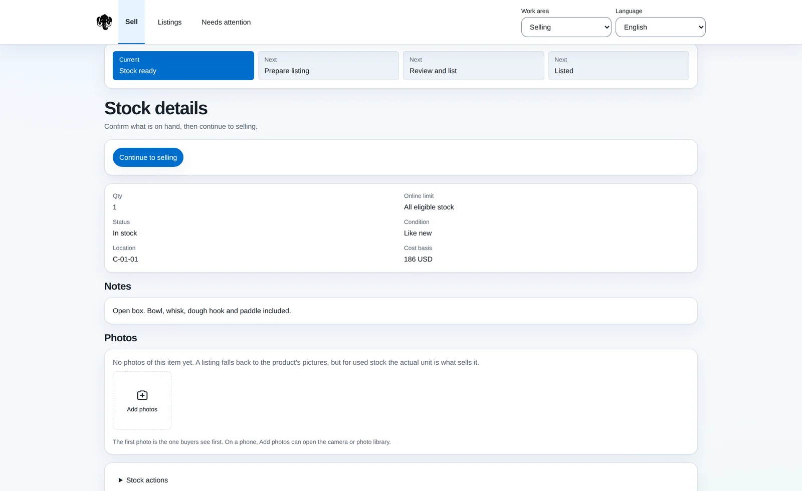 Mastadon stock detail screen showing the listing workflow steps — stock ready, prepare listing, review and list, listed — above quantity, status, condition, shelf location and cost basis for an inventory item.