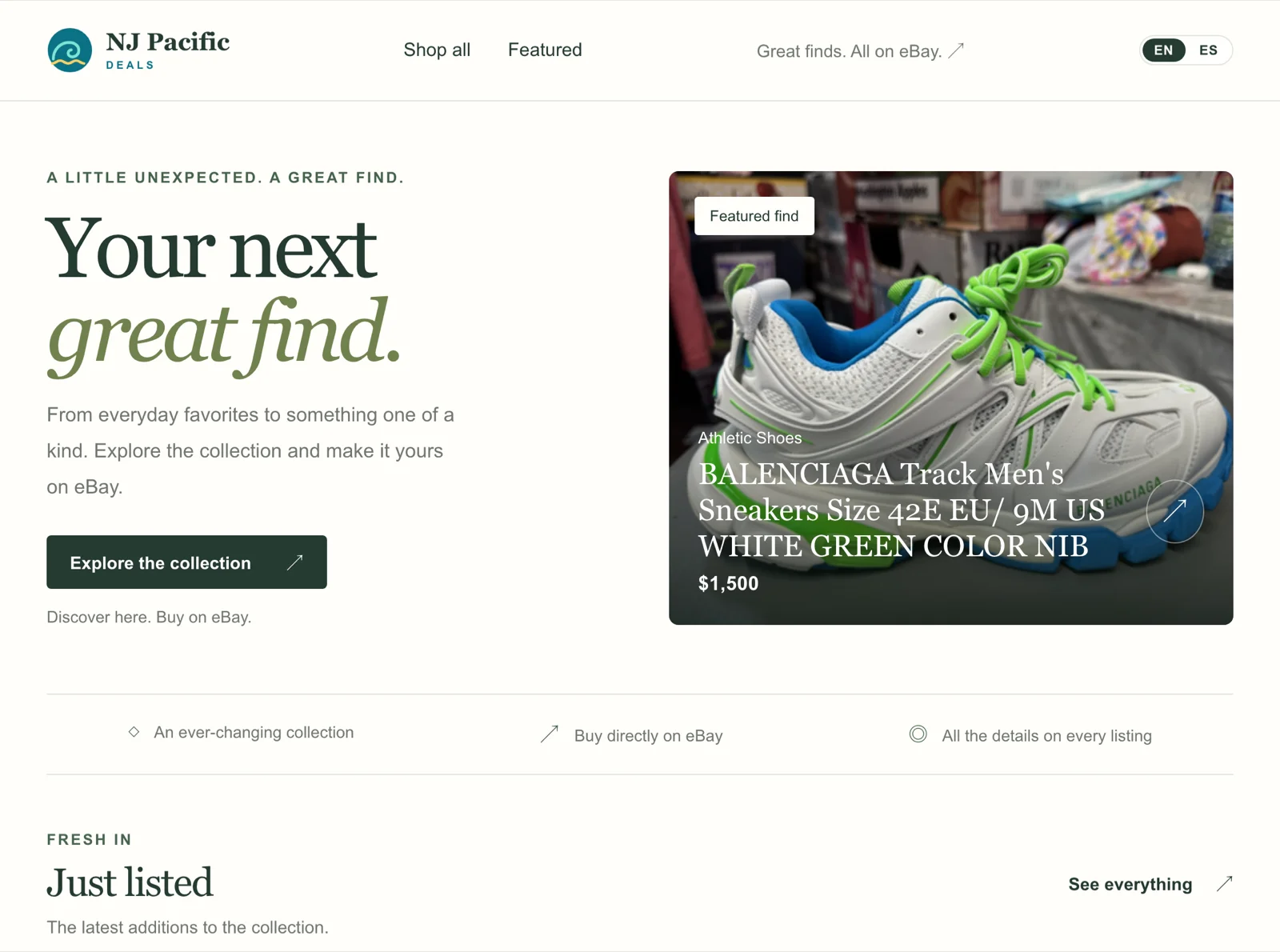 NJ Pacific Deals home page: the headline "Your next great find." with an Explore the collection button, beside a Featured find card showing a Balenciaga sneaker listed at $1,500, above the Just listed section heading.