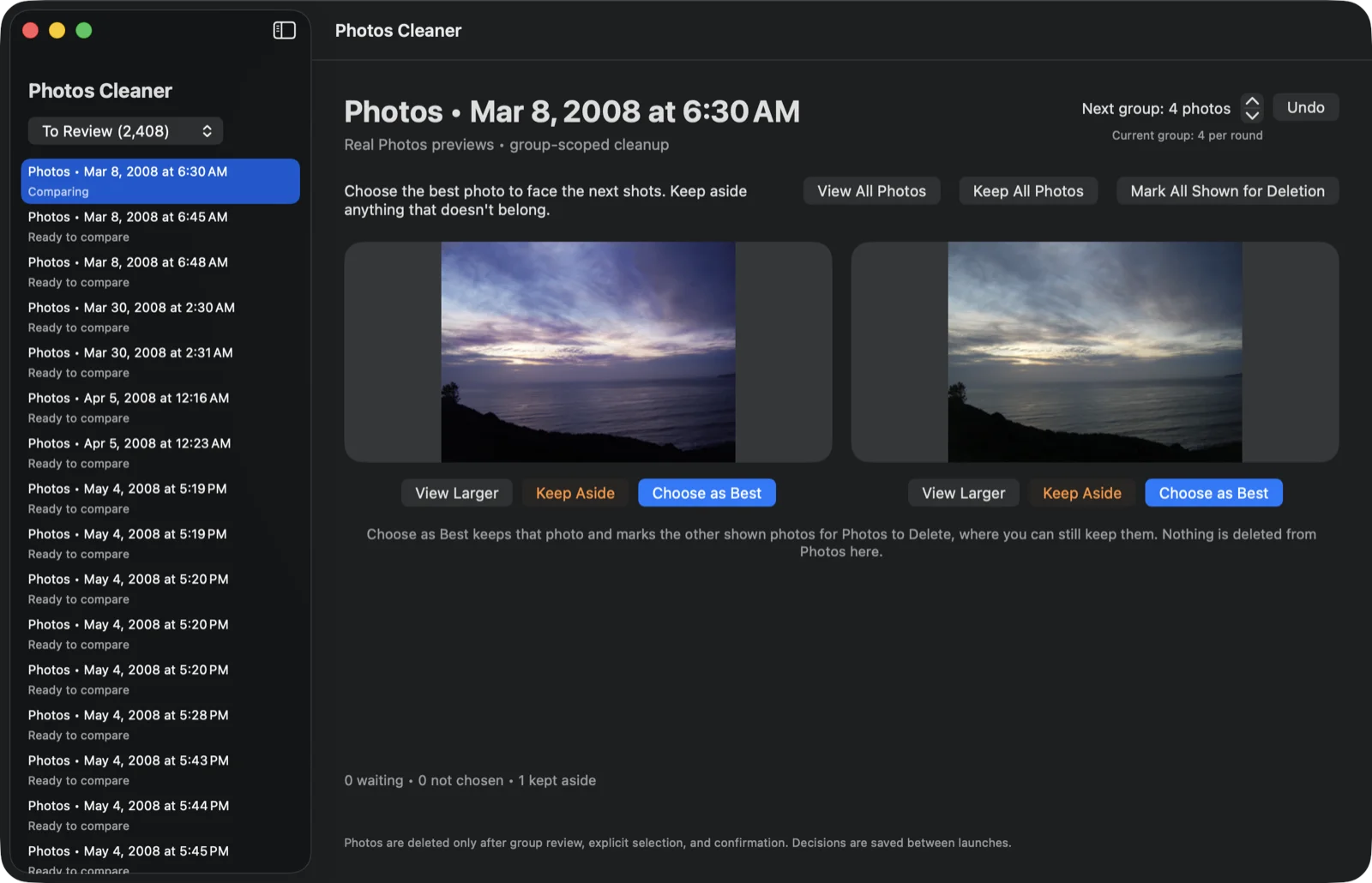 Photos Cleaner on macOS comparing two similar sunset photographs side by side, each with View Larger, Keep Aside and Choose as Best controls, beside a sidebar queue of grouped photos awaiting review.