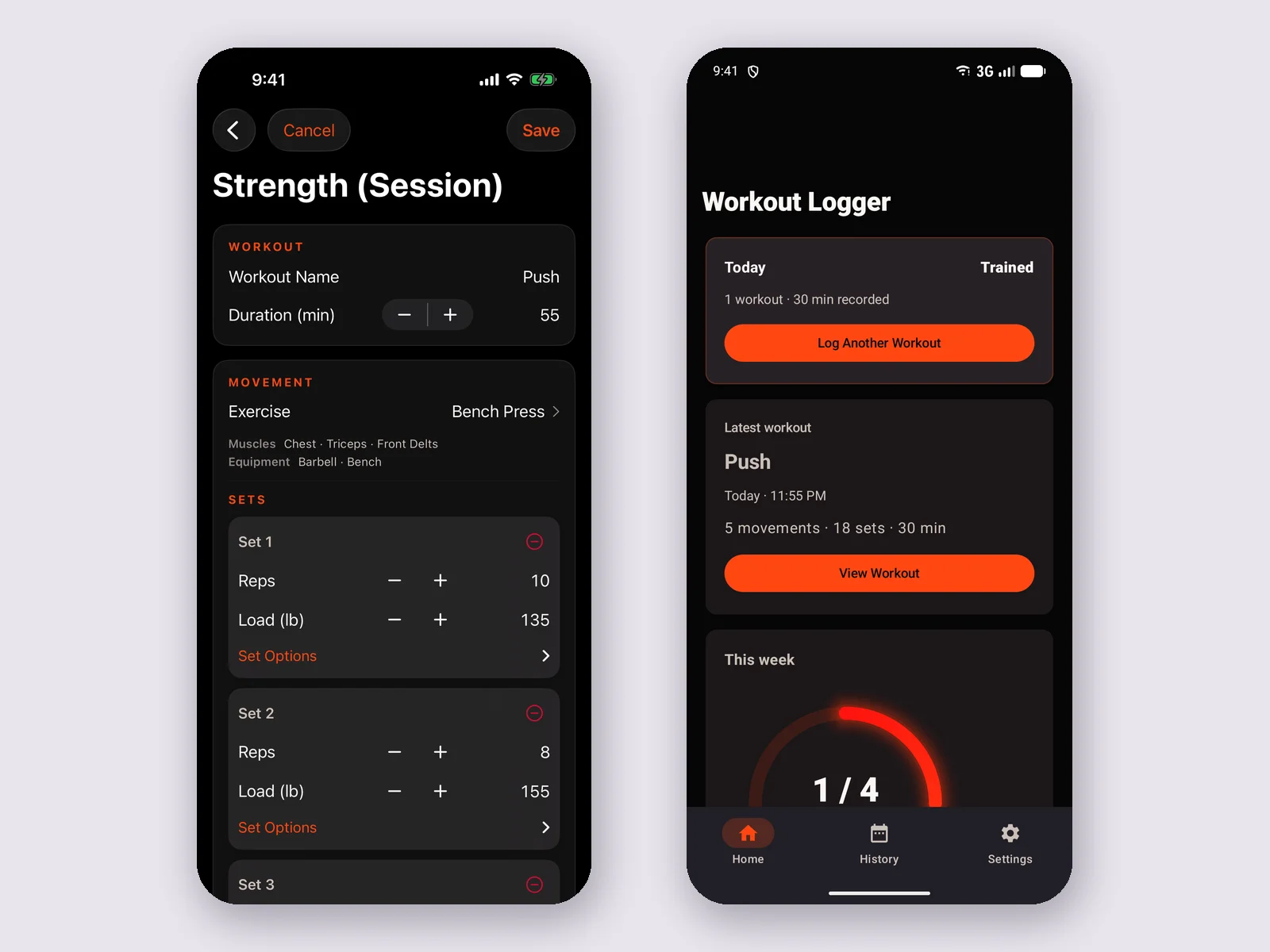 Workout Logger Universal running on two phones: the iOS app showing a Push strength session with Bench Press sets logged at 10 reps and 135 lb, and the Android app showing today marked as trained, the latest Push workout of 5 movements and 18 sets, and a weekly progress ring at 1 of 4 training days.